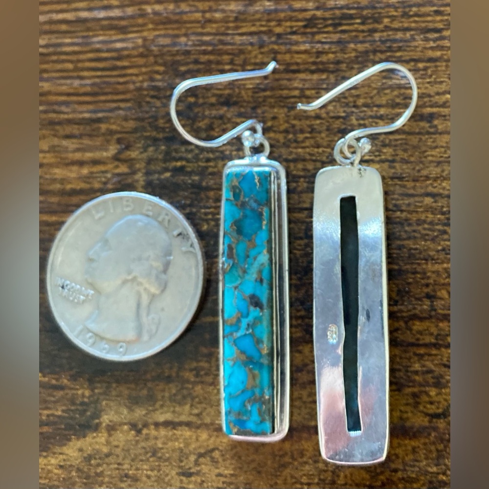 Retangular Southwest Arizona Turquoise Earrings Set In 925 Sterling Silver - Picture 6 of 6